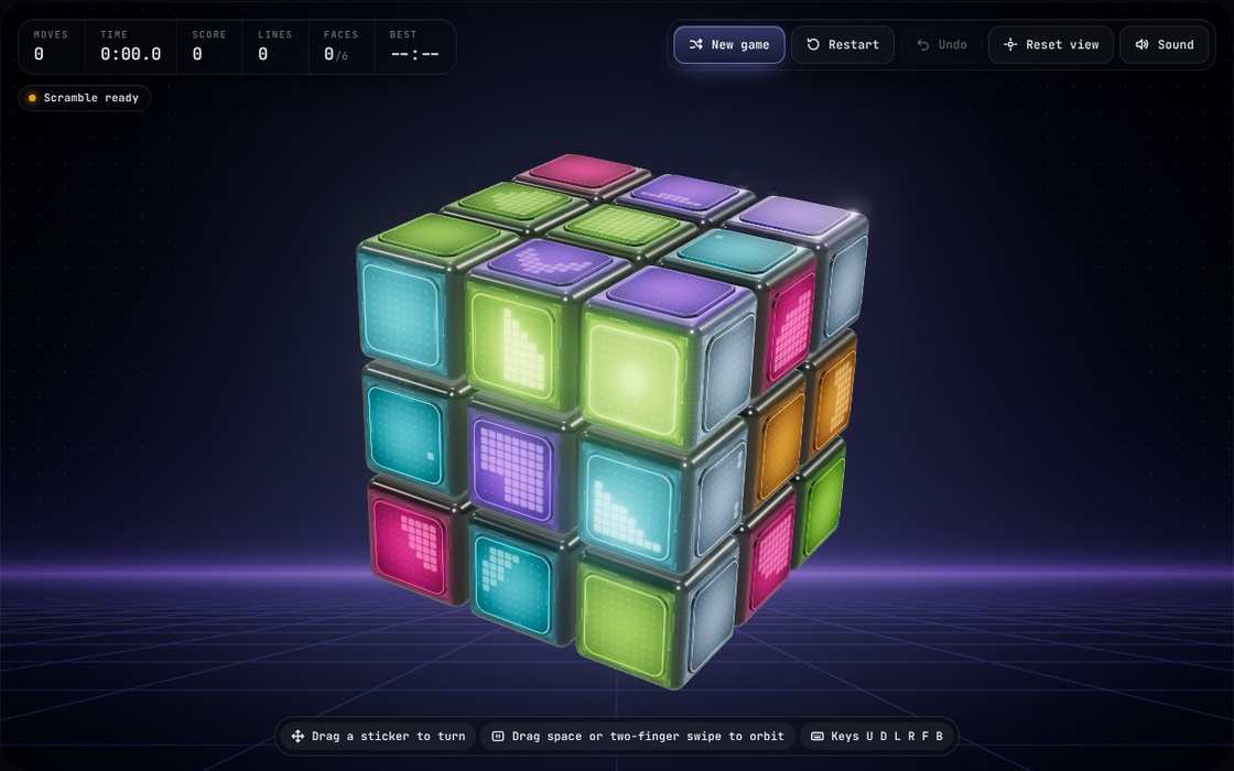Glass Cube: a playable puzzle cube of glowing glass stickers