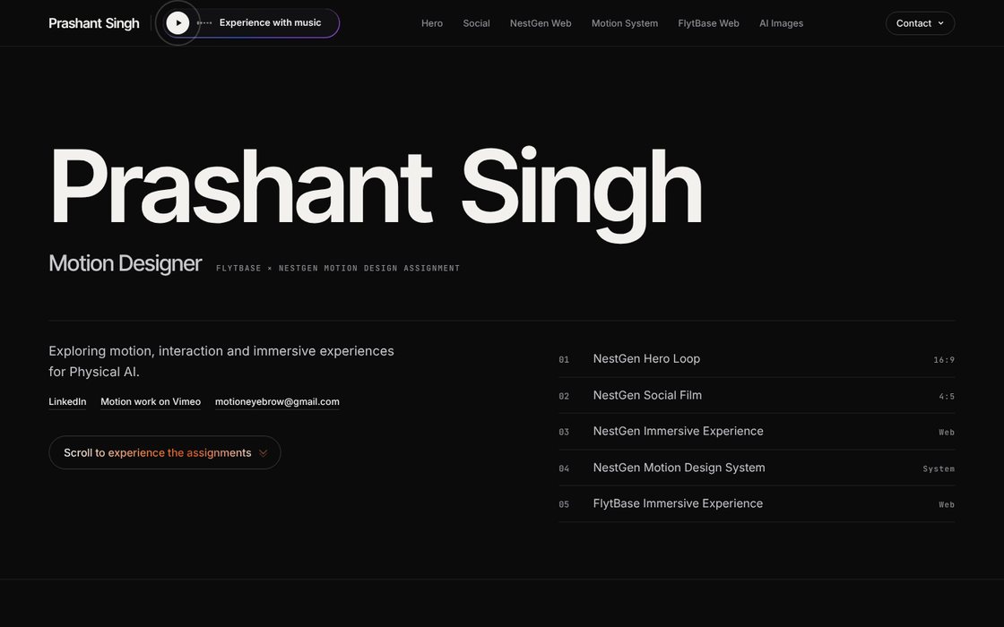 The FlytBase and NestGen assignment site: a large Prashant Singh headline with the five pieces listed beside it
