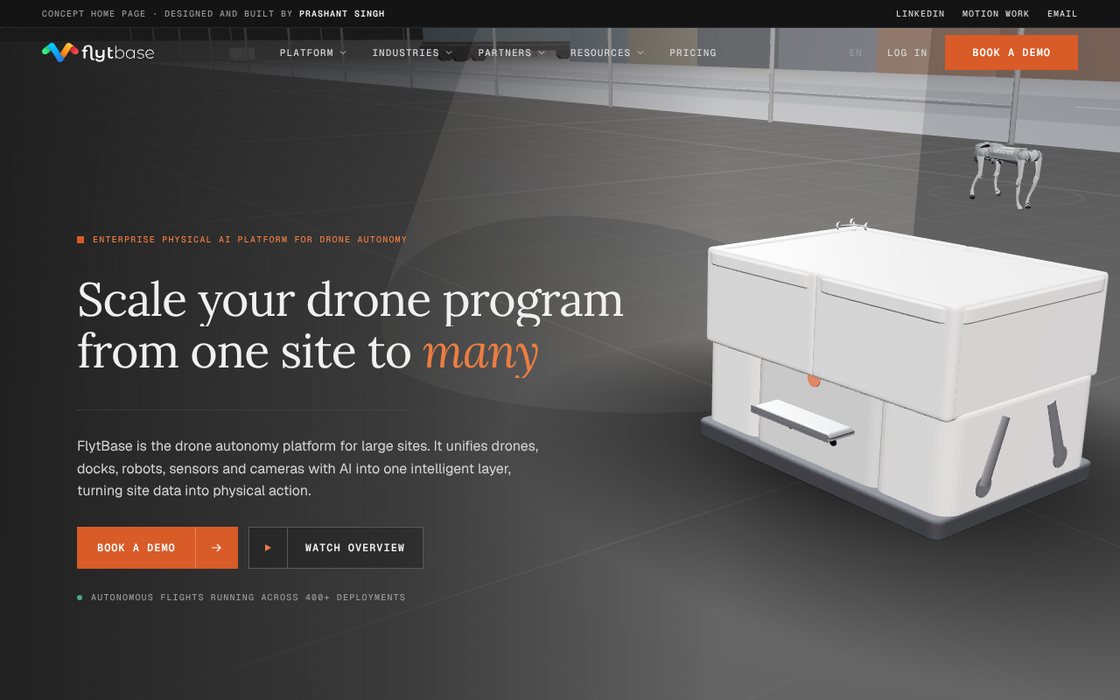 FlytBase concept home page: Scale your drone program from one site to many, with a drone-in-a-box render