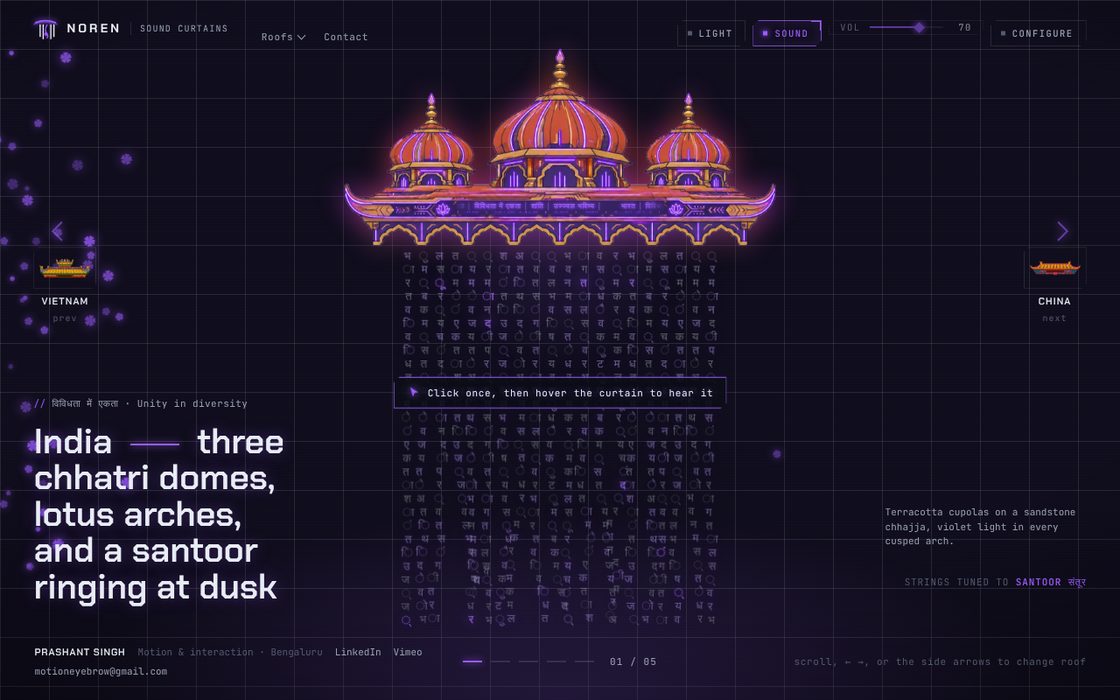 Noren: an Indian roof hanging a curtain of glyphs