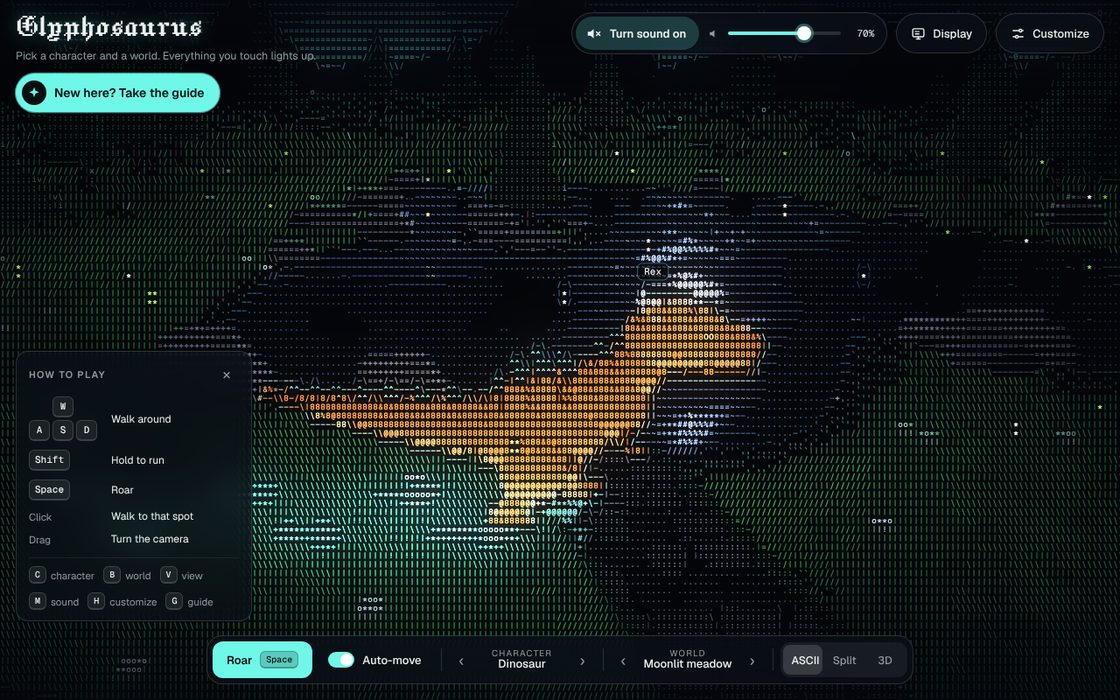 Glyphosaurus: an ASCII-rendered 3D dinosaur in a meadow