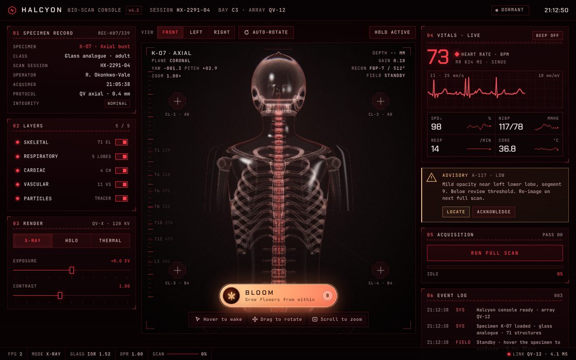 Halcyon Bio-Scan: a glass anatomical bust with live vitals